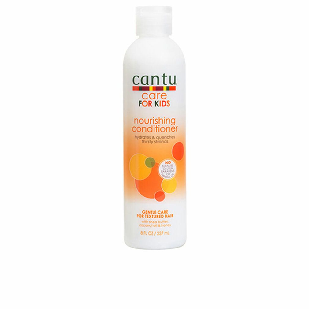 Weiße Flasche mit Cantu Care for Kids Nourishing Conditioner. Orangefarbene und gelbe Grafik. Text: Gentle Care for Textured Hair.