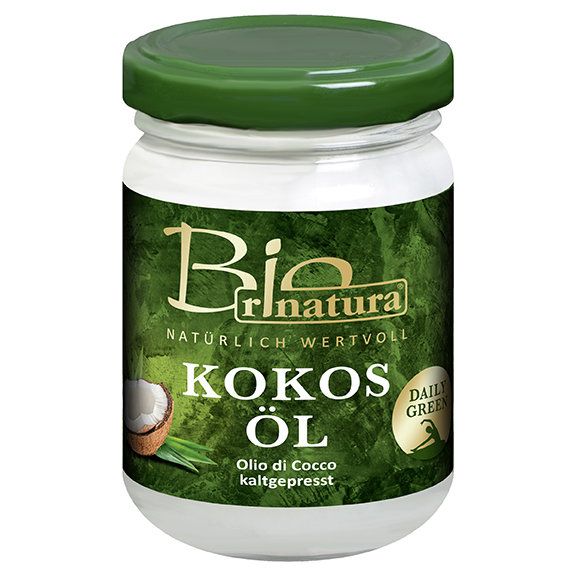 Glas mit grünem Deckel. Aufschrift: Bio Rinatura Kokosöl kaltgepresst. Abbildung einer Kokosnuss und Blättern.