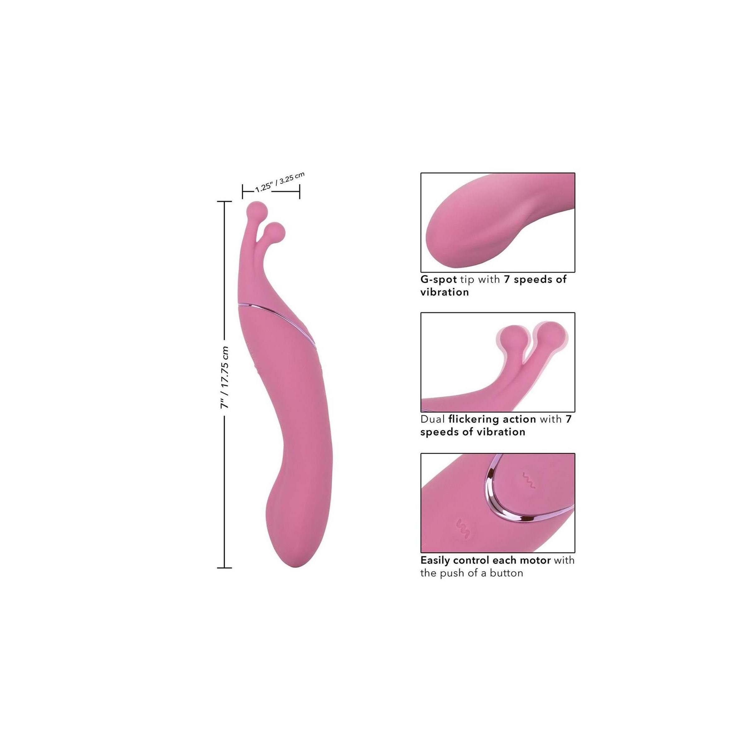 Rosa Massagegerät mit zwei Spitzen. Abmessungen: 7 Zoll/17,75 cm. G-Punkt-Spitze mit 7 Vibrationsstufen. Doppelte Aktion mit 7 Vibrationsstufen.