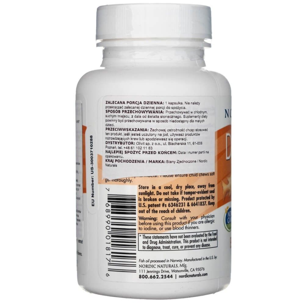 Rückseite der Nordic Naturals Daily Omega Kids Flasche mit Lagerungs- und Warnhinweisen.