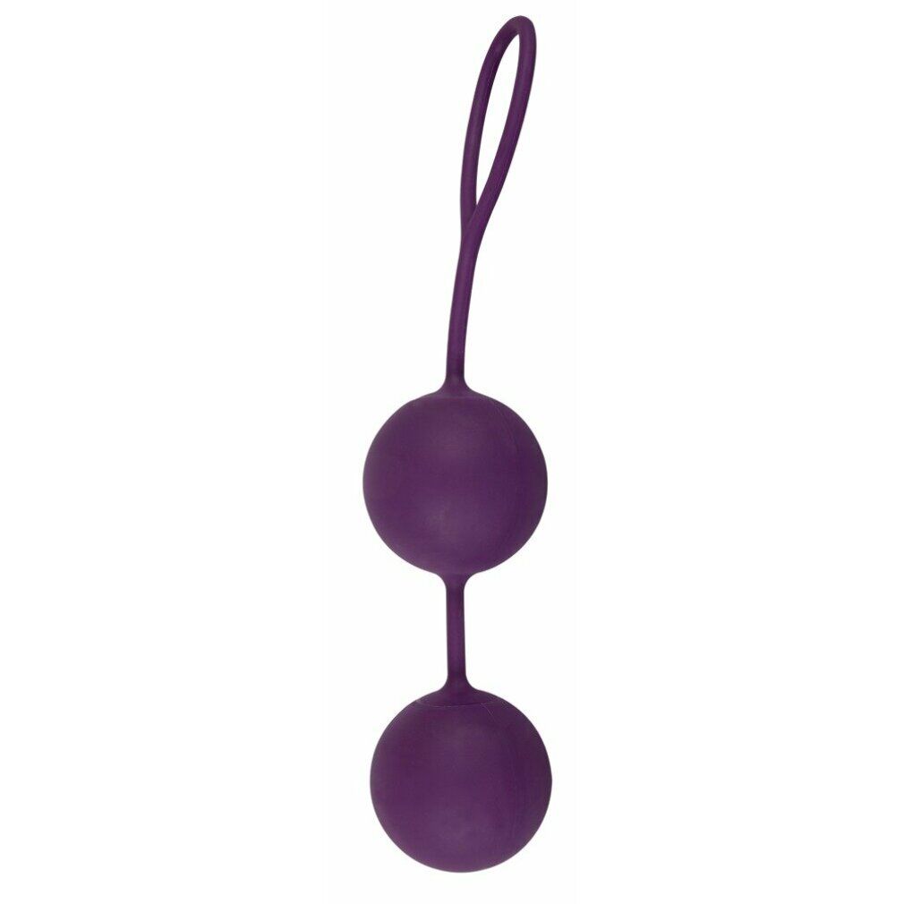 Zwei violette Kugeln, verbunden durch einen Stiel mit Schlaufe. Produkt für Beckenbodentraining.