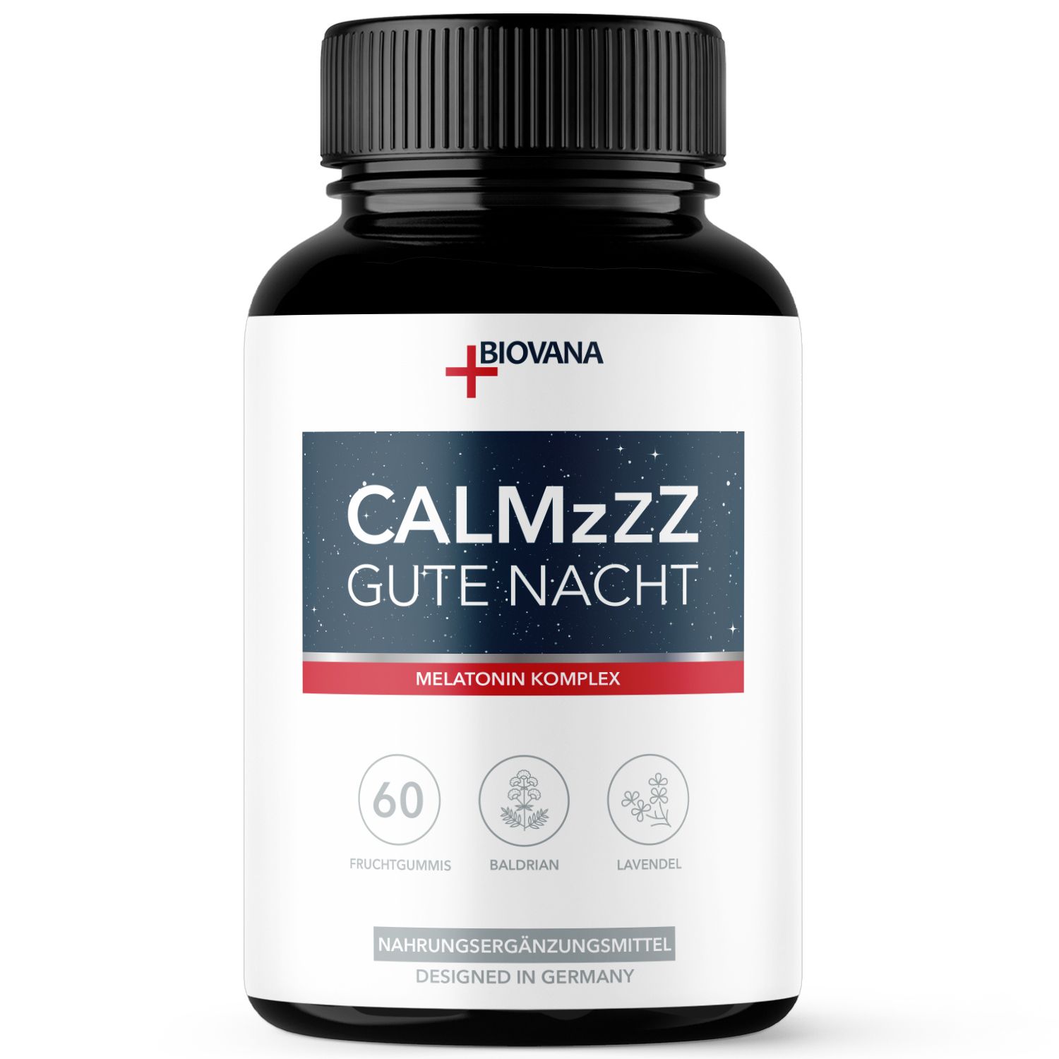 Schwarze Flasche mit weißem Etikett. Aufschrift: CALMzzz GUTE NACHT, Melatonin Komplex. 60 Fruchtgummis. Marke: Biovana.