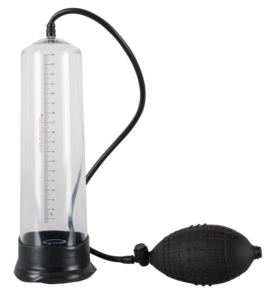 Schwarzer Zylinder mit Messskala und Schlauch. Schwarze Pumpe. Transparenter Zylinder. Schwarze Basis.