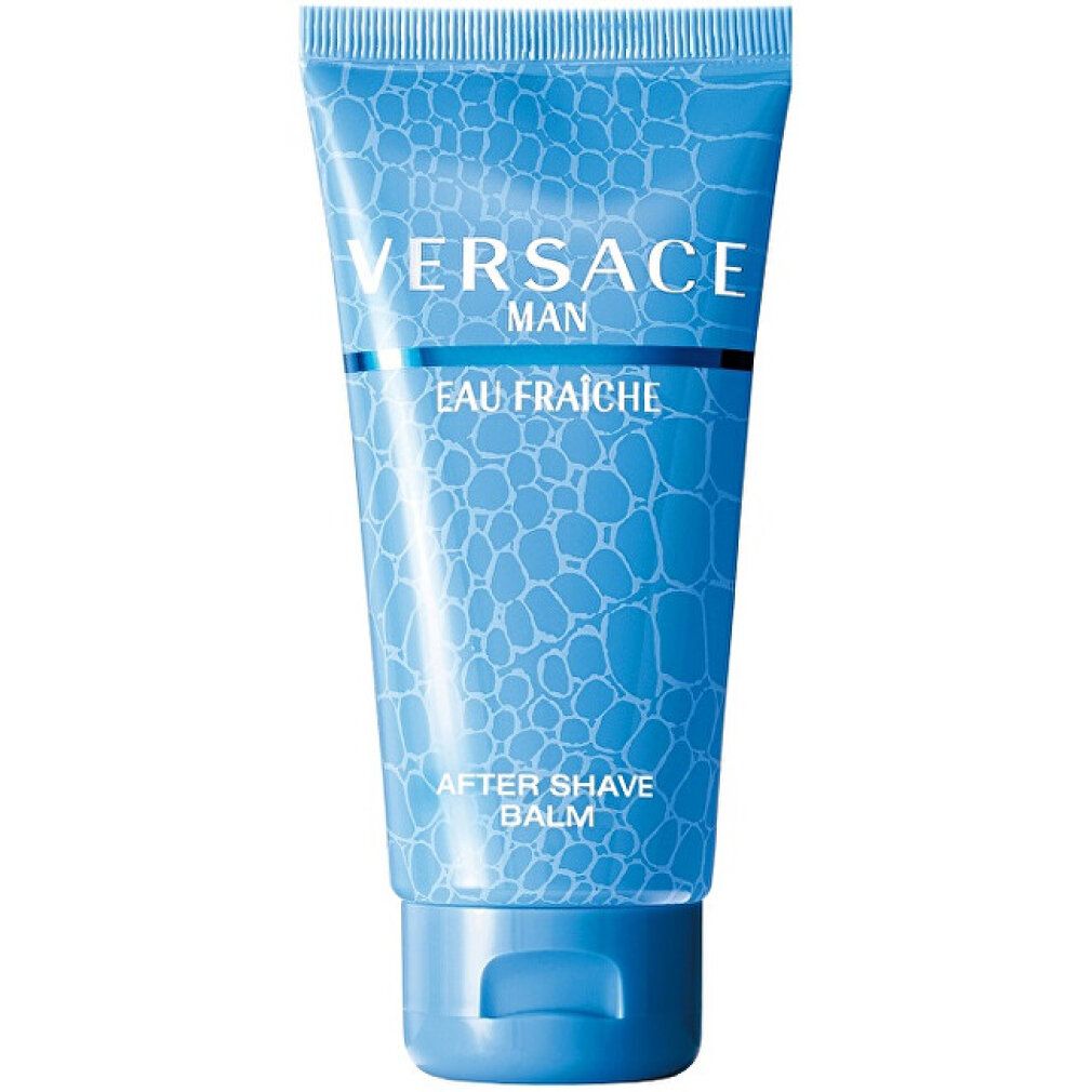 Blau-türkisfarbene Tube mit Versace-Logo und Schriftzug "Eau Fraiche". Aufschrift "After Shave Balm".