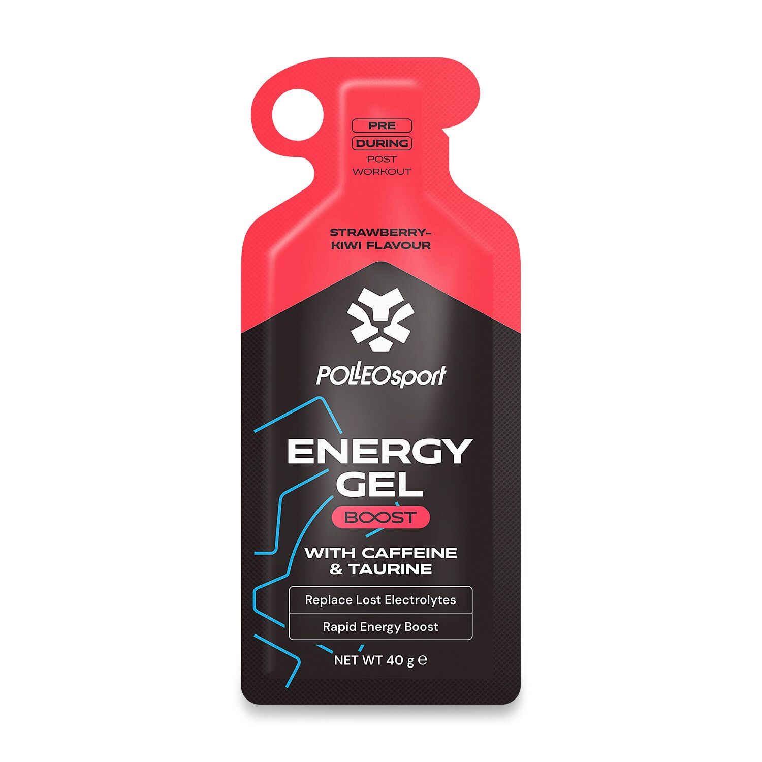 Einzelpackung PolleoSport Energy Gel. Rote und schwarze Verpackung mit Produktinformationen und Logo. Erdbeer-Kiwi-Geschmack.