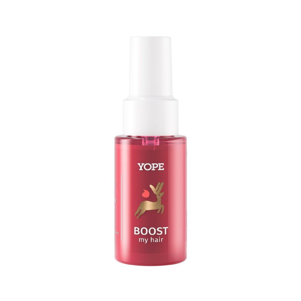 Rote Flasche mit weißem Sprühkopf. Aufschrift Yope, Hirsch-Logo und „BOOST my hair“. Produkt für Haarspitzen.