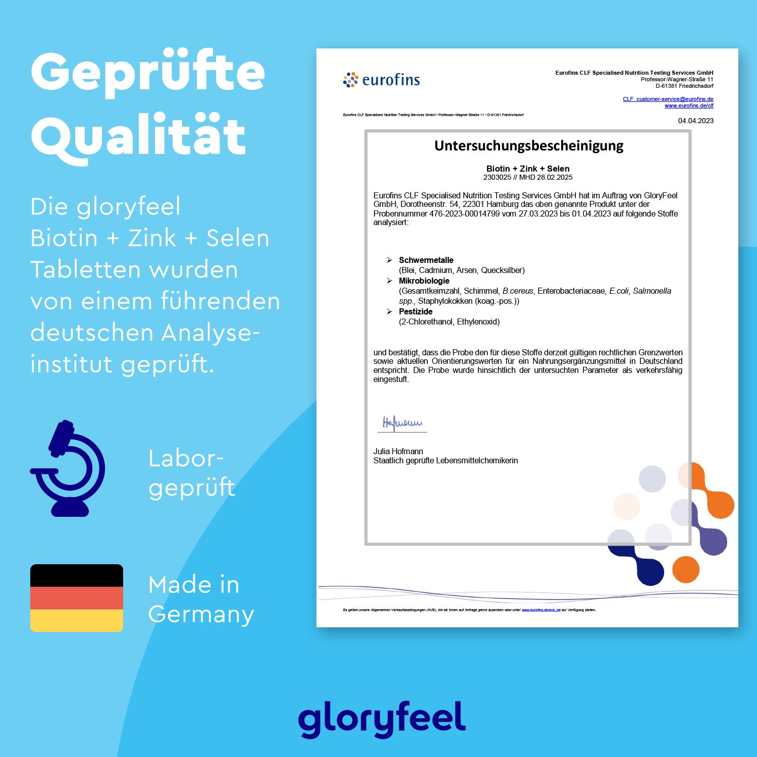 Produktflasche mit Text. Aufschrift: Biotin + Zink + Selen. Text: Simply feel glory. 400 Tabletten. 120g. Informationen zu Inhaltsstoffen.