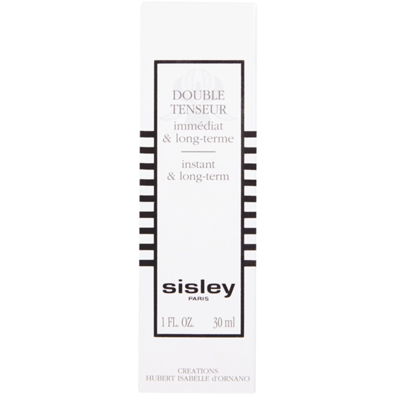 Weiße Verpackung mit Aufschrift: Double Tenseur, Sisley. 1 fl.oz. 30 ml. Schwarze Streifen.