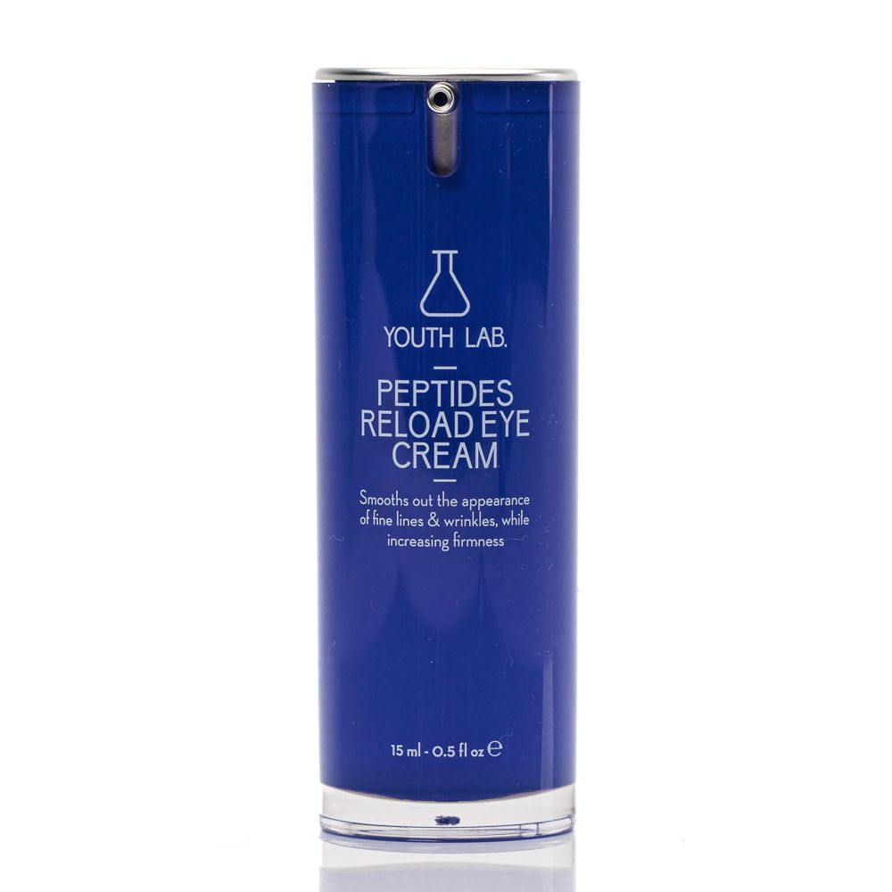 Blau-silberne Tube YOUTH LAB Peptides Reload Eye Cream. Mit Spenderkopf. Text: Peptides Reload Eye Cream, 15 ml - 0.5 fl oz.