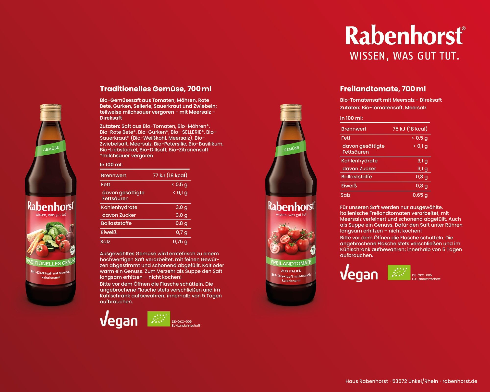 Zwei Flaschen Saft mit Etiketten. Nährwertangaben und Zutatenlisten. Vegan-Siegel und Bio-Siegel.