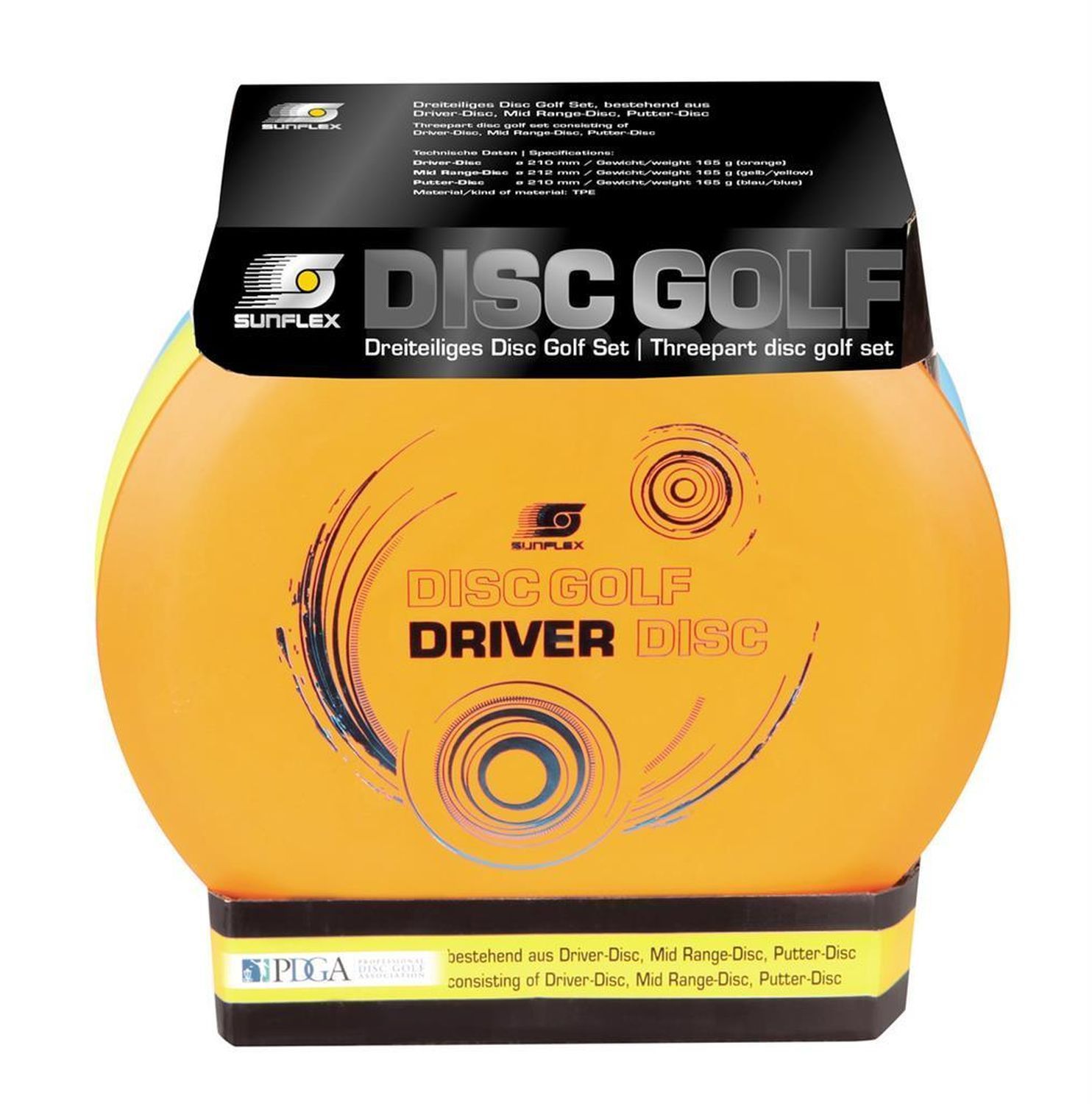 Disc Golf Set in Verpackung. Enthält Driver, Mid Range und Putter Disc. Logo und Produktname auf der Verpackung.