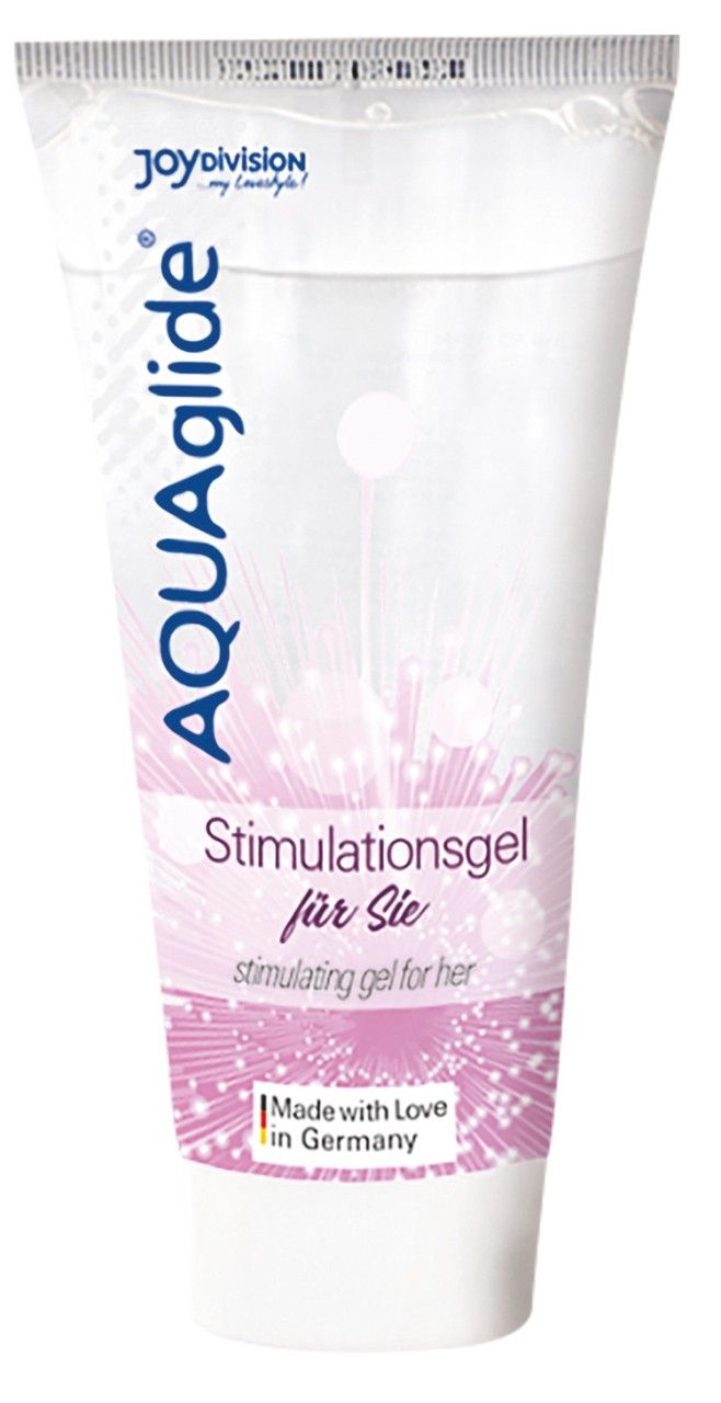 AQUAglide Tube. Transparent, mit pinken Akzenten. Produktname und Beschreibung. Weißer Deckel.