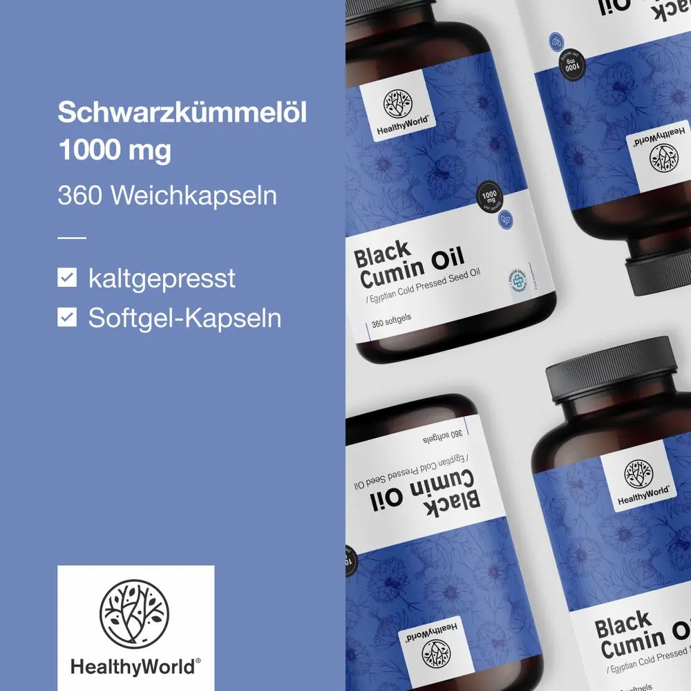 Mehrere Flaschen mit Kapseln. Text: Schwarzkümmelöl 1000 mg, 360 Weichkapseln. kaltgepresst, Softgel-Kapseln. Marke: HealthyWorld.