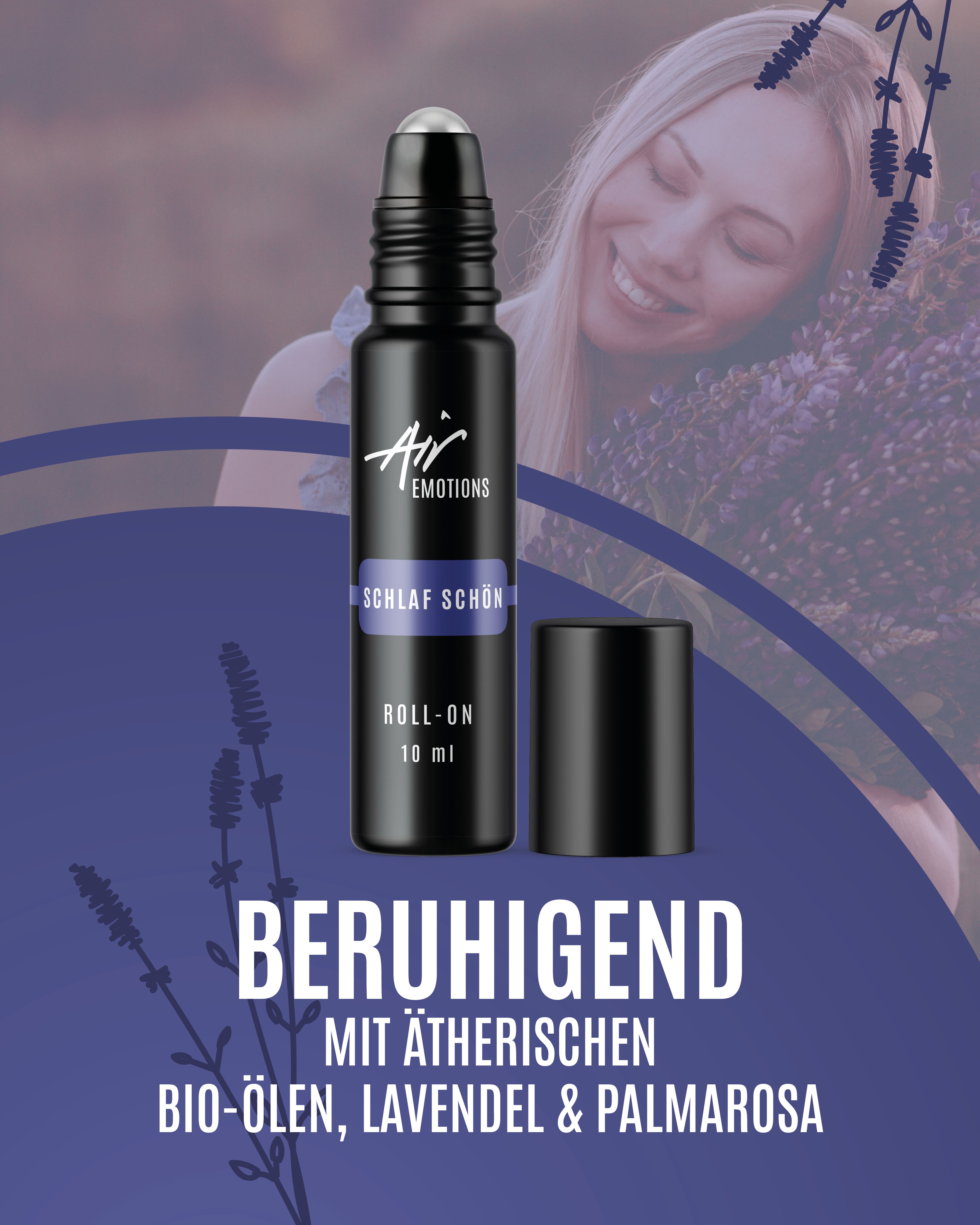 Schwarze Roll-On-Flasche mit "Schlaf schön" Aufschrift. Deckel daneben. Hintergrund: Frau mit Lavendel.