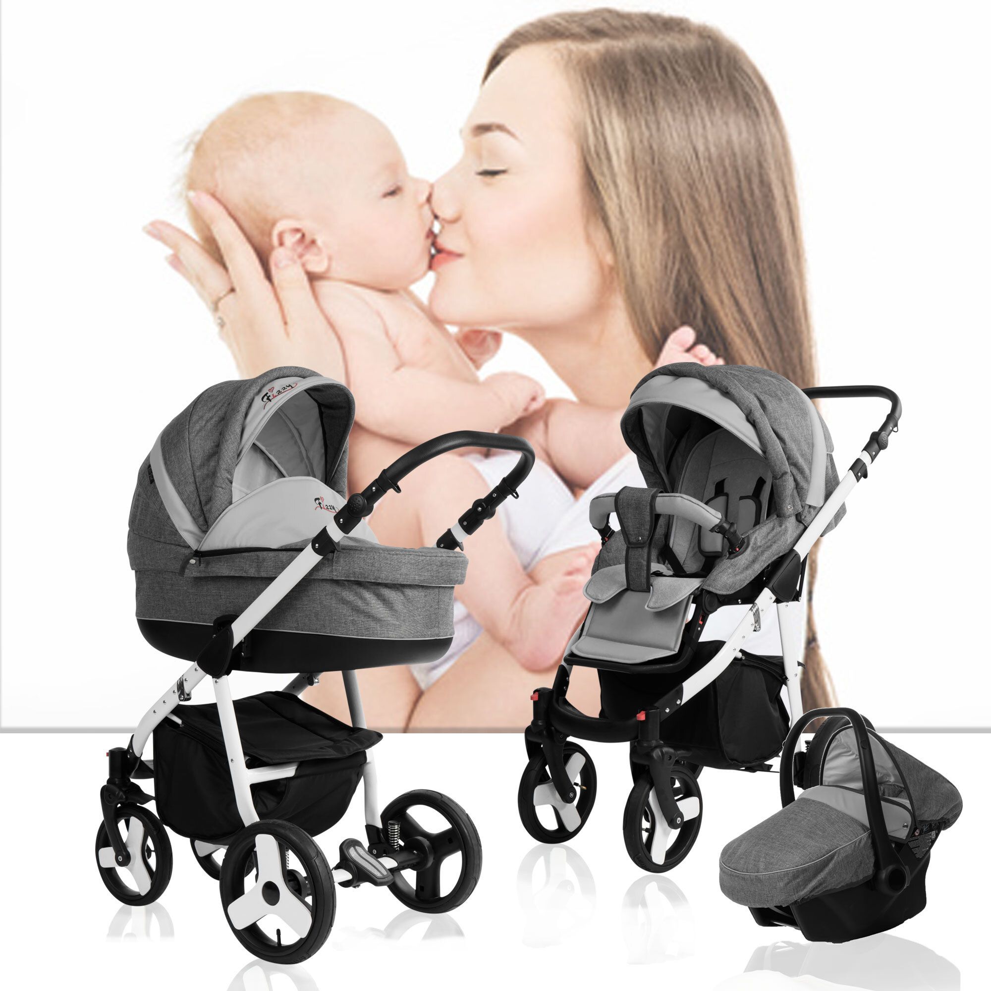 Bebebi Fizzy 3 in 1 Kinderwagen Set Luftreifen, Stone
