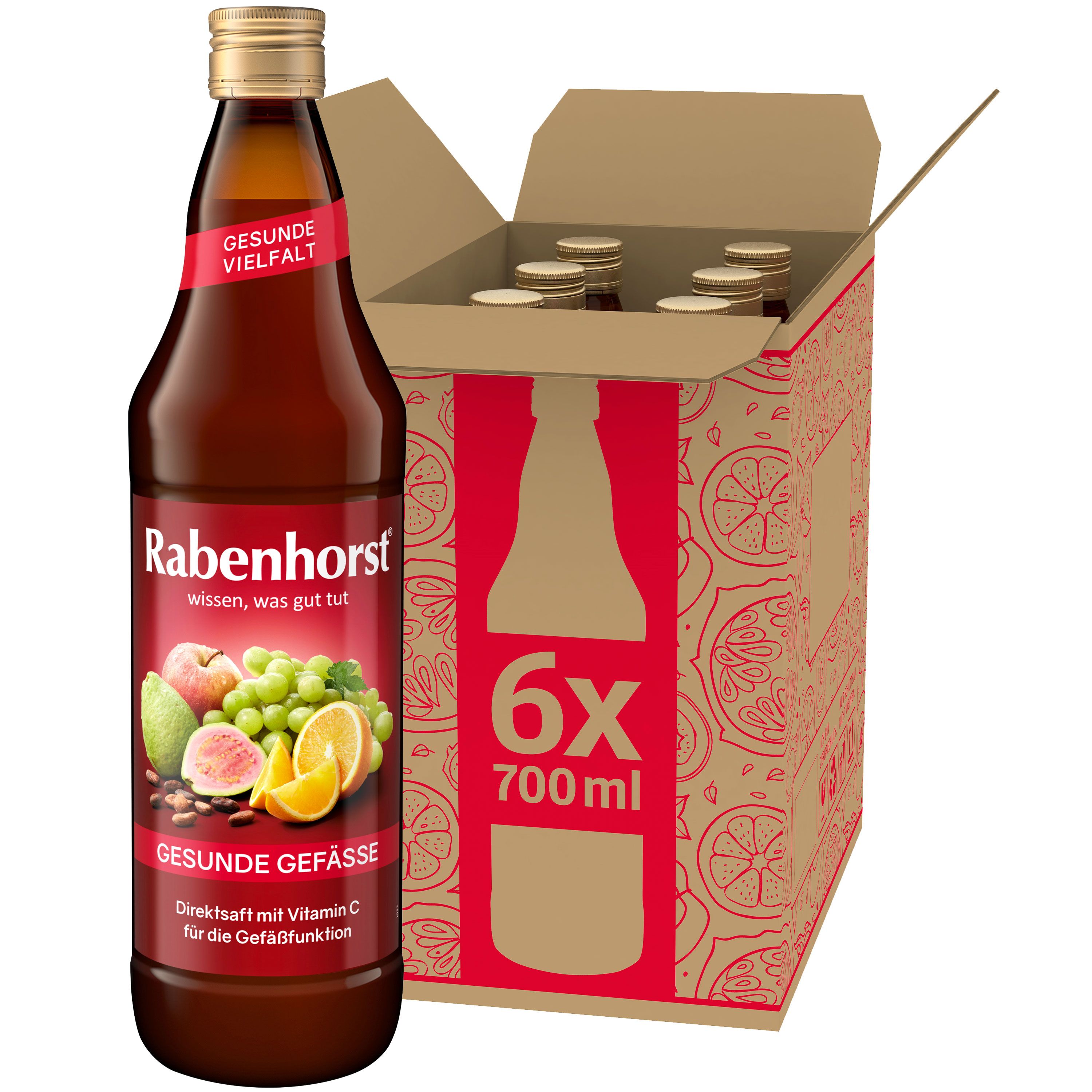 Braune Glasflasche mit rotem Etikett. Aufschrift: Rabenhorst, Gesunde Gefäße. Karton mit 6 Flaschen.
