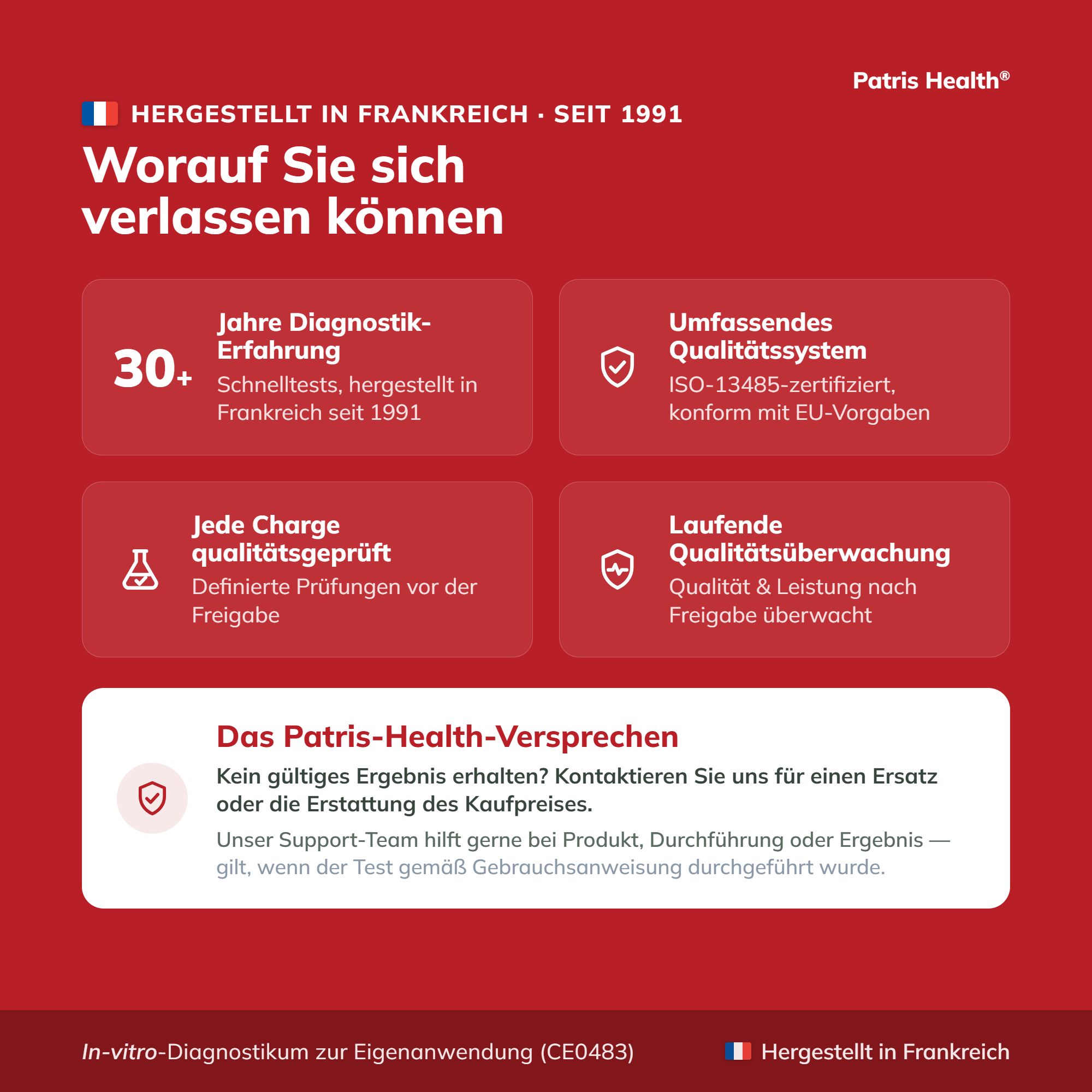 Qualität des Syphilis Selbsttests: Über 30 Jahre Erfahrung, ISO-zertifiziert, Qualitätskontrolle.