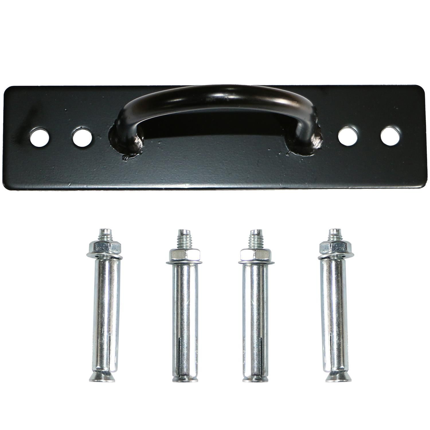 Schwarze Metallhalterung mit gebogenem Griff und vier Schrauben. Fitness-Zubehör.