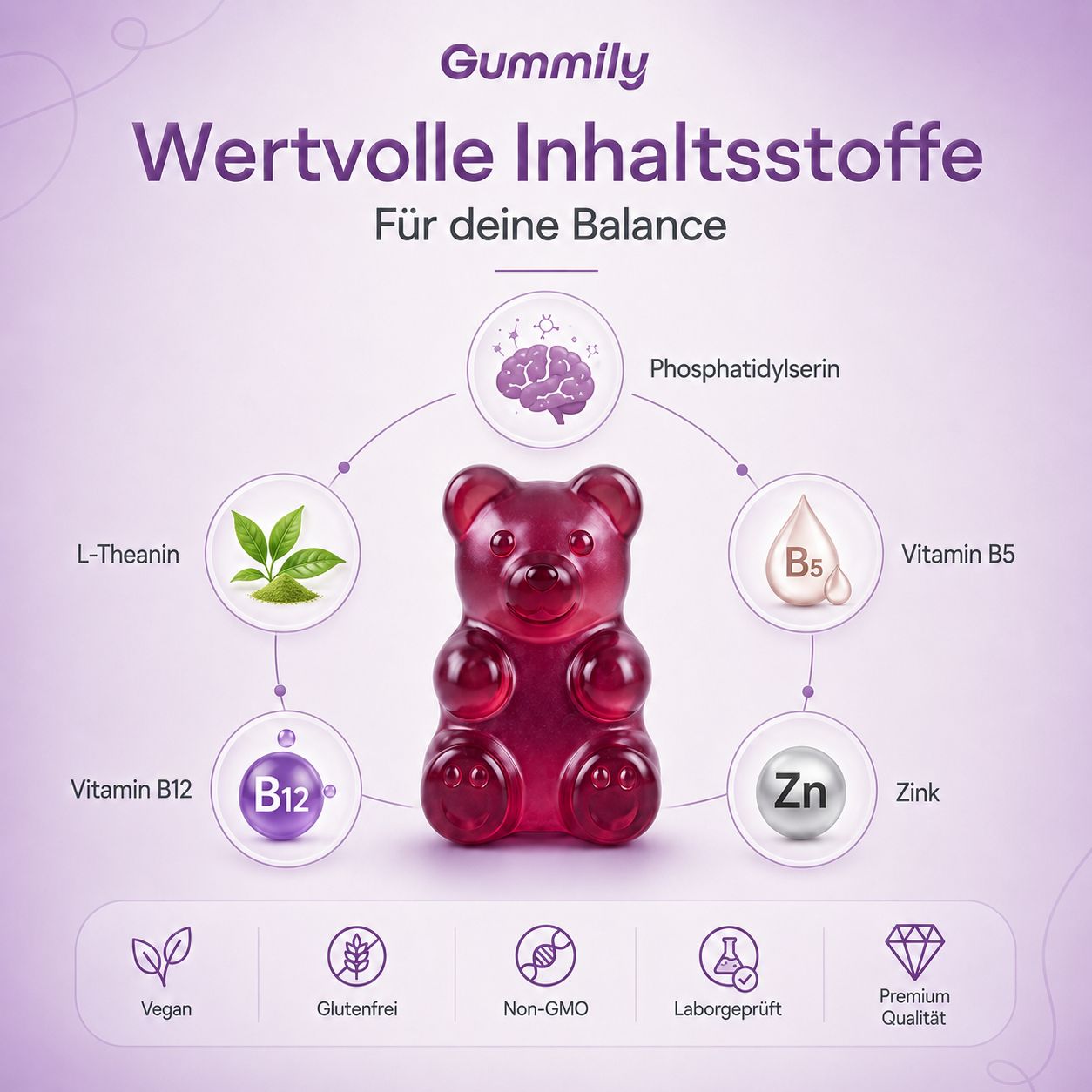 Gummibärchen mit Symbolen für Inhaltsstoffe: Phosphatidylserin, L-Theanin, Vitamin B5, B12, Zink. Vegan, glutenfrei, Non-GMO.