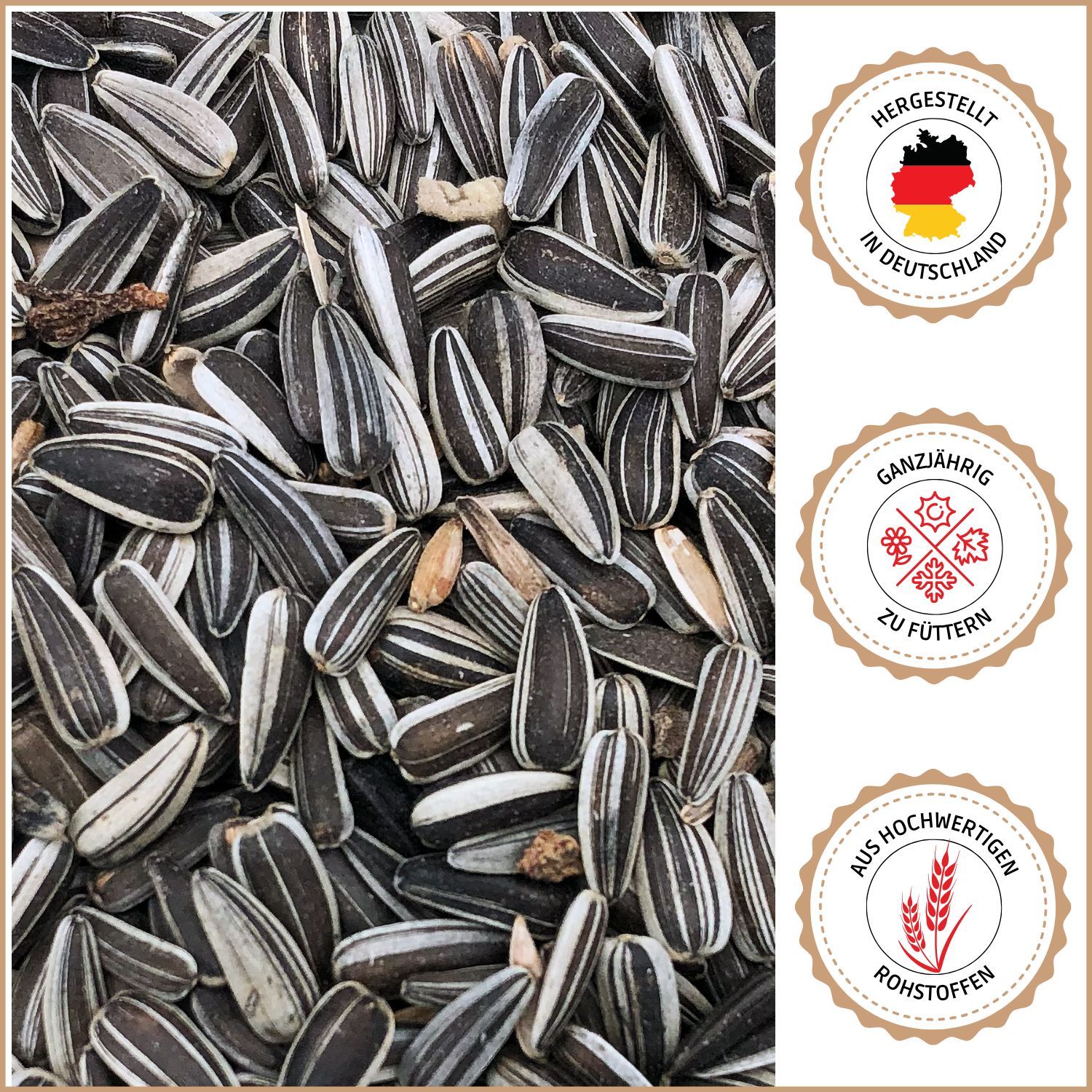 Nahaufnahme von Sonnenblumenkernen. Siegel: Hergestellt in Deutschland, Ganzjährig zu füttern, Aus hochwertigen Rohstoffen.