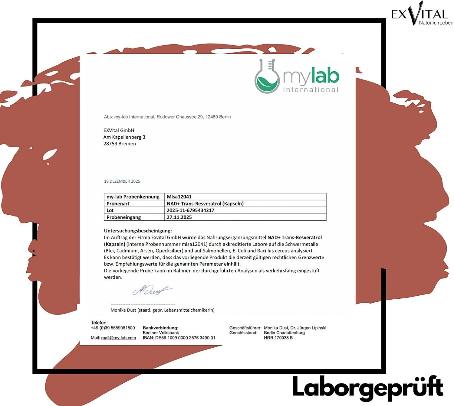 Laborbericht von mylab international. Produkt: NAD+ Trans-Resveratrol (Kapseln). Unterschrift und Stempel.