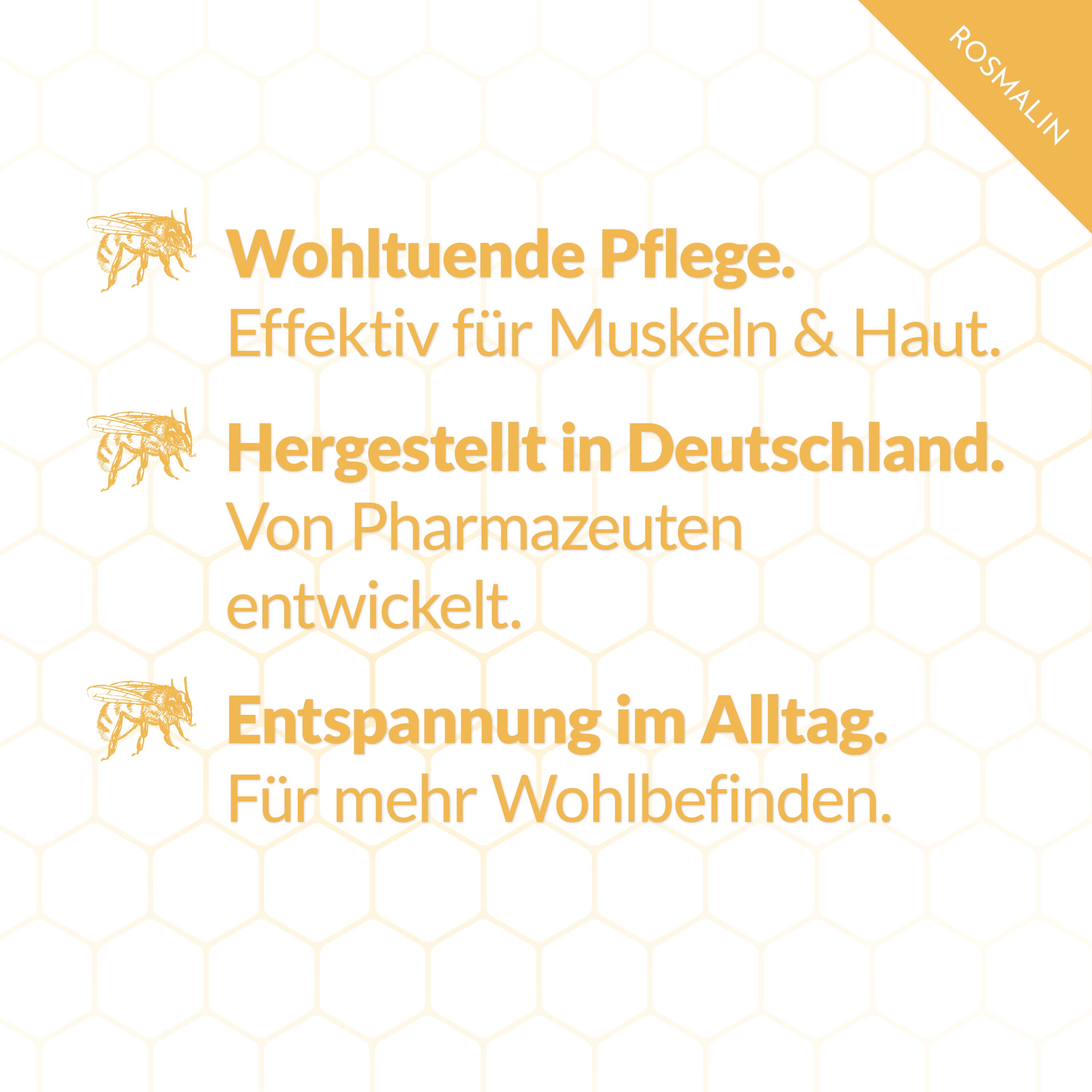 Text auf weißem Hintergrund. Wohltuende Pflege. Hergestellt in Deutschland. Entspannung im Alltag.