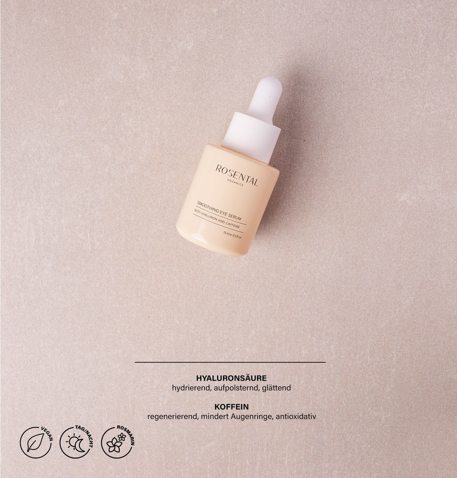 Kleine, beige Flasche mit weißem Deckel. Text: Smoothing Eye Serum. Aufschrift: Hyaluronsäure, Koffein.