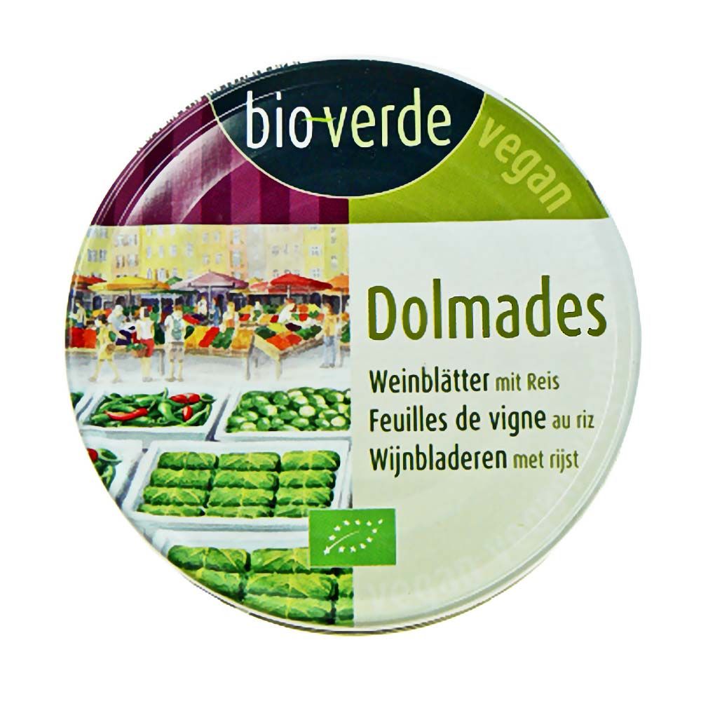 Runde Dose mit "bio-verde"-Logo und "Dolmades"-Aufschrift. Vegan-Siegel. Abbildung von Weinblättern und Markt.