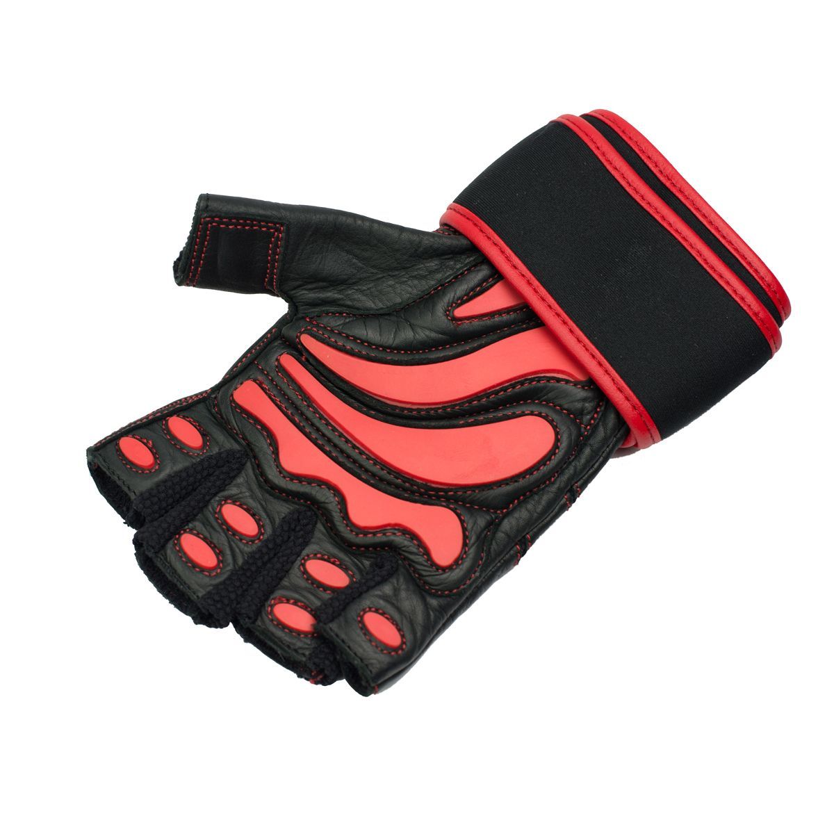 Ein schwarzer Leder-Fitnesshandschuh mit roten Polstern und Klettverschluss. Marke GymBeam.