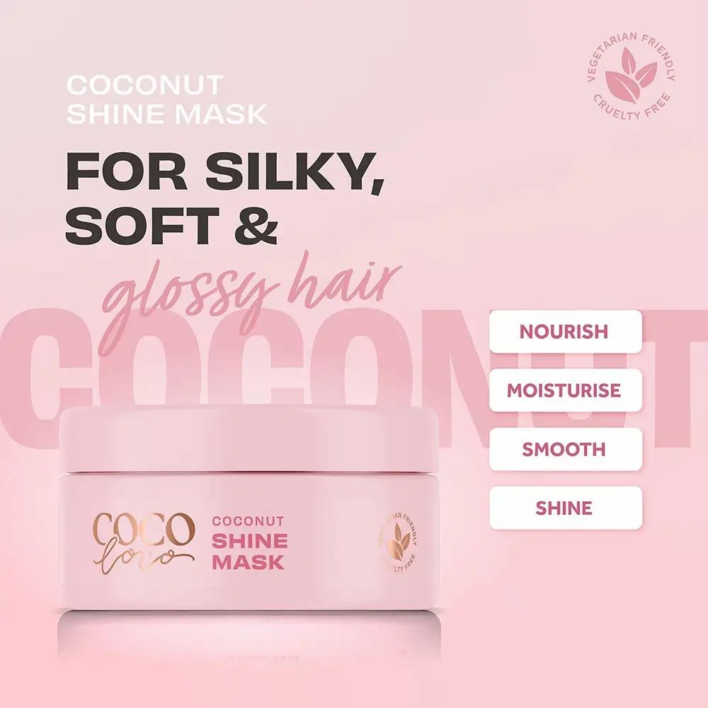 Rosa Dose Coco Loco, Coconut Shine Mask. Text: For silky, soft & glossy hair. Vegan und tierversuchsfrei.