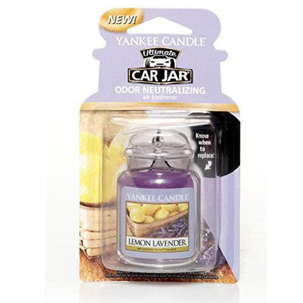 Yankee Candle Car Jar, Lemon Lavender Duft. Violettes Glas im Karton. "NEW" und "Odor Neutralizing" Text.