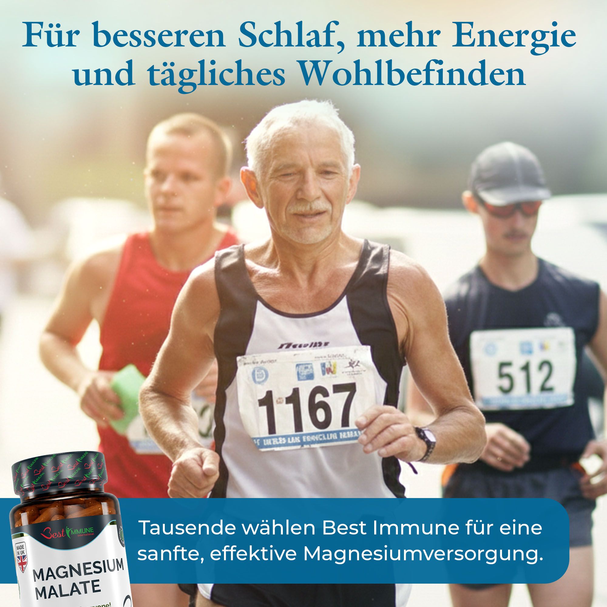 Läufer im Rennen, Flasche Magnesiummalat im Vordergrund. Fokus auf tägliches Wohlbefinden und Energie.