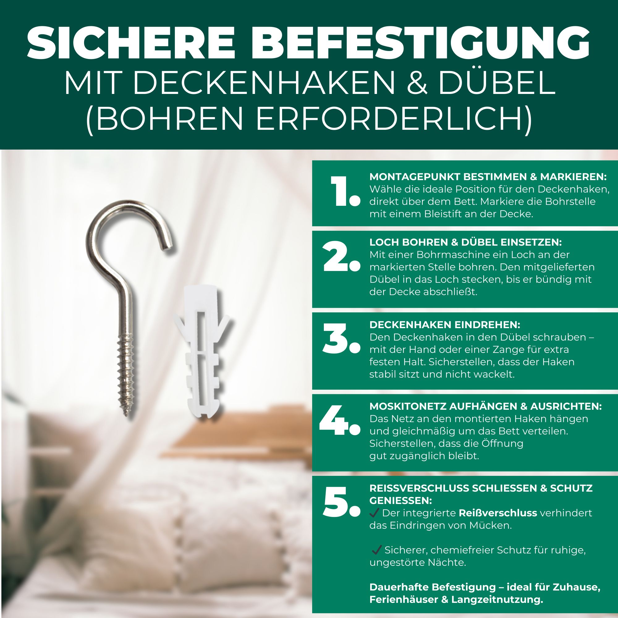 SILBERKRAFT Moskitonetz mit Haken