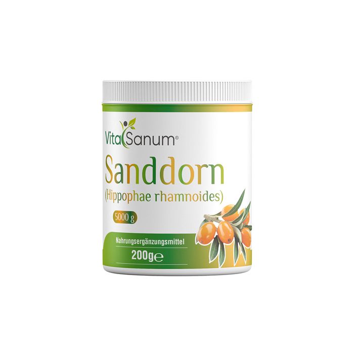 Weißes Dose mit grünem Deckel. Aufschrift: VitaSanum Sanddorn (Hippophae rhamnoides). Abbildung von Sanddornbeeren.