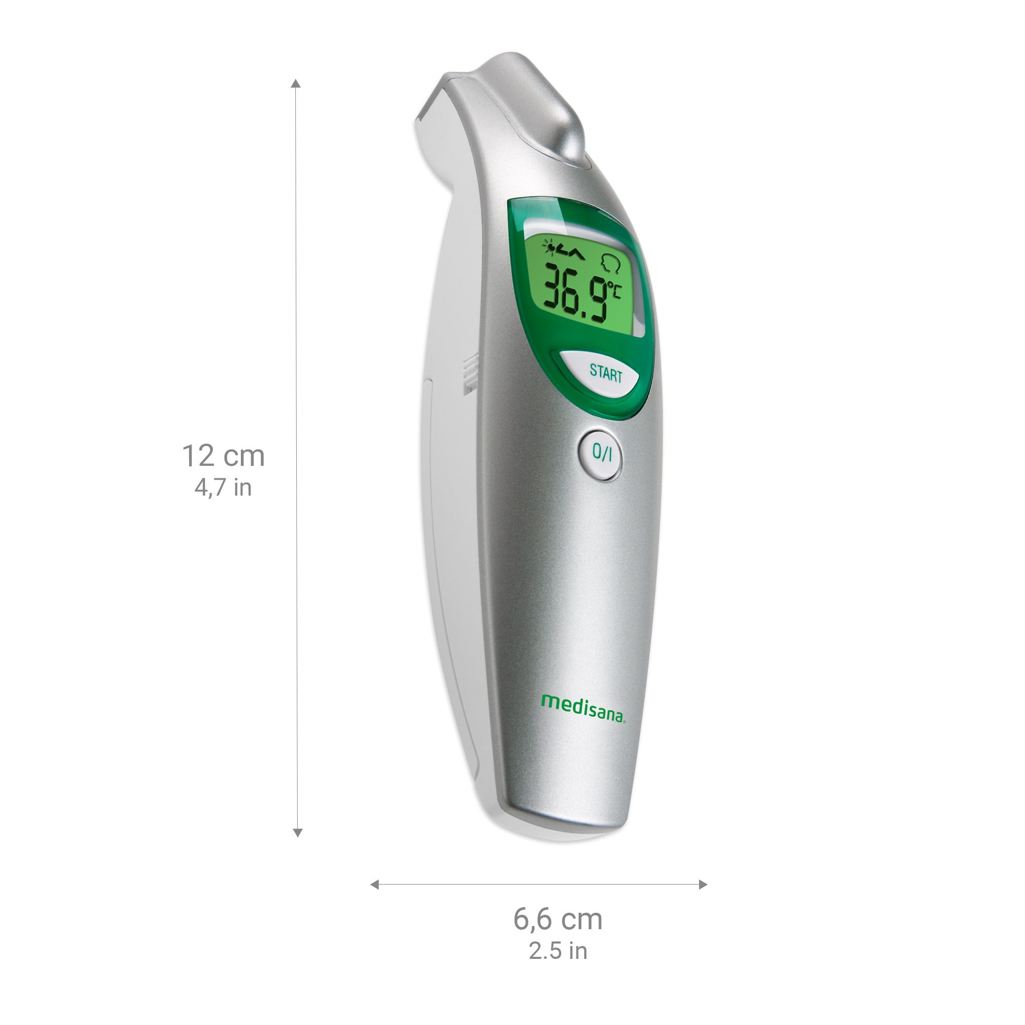 Contactloze thermometer. Afmetingen: 12 cm hoog, 6,6 cm breed. Zilverkleurig apparaat met groen display.