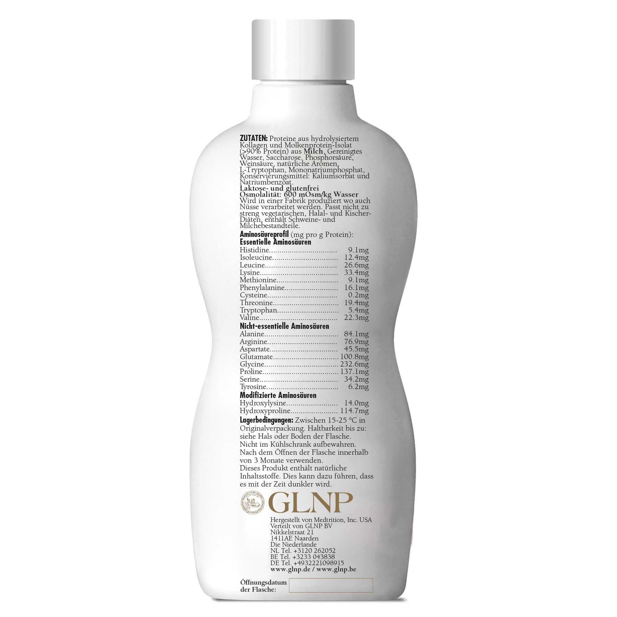 Weiße Flasche mit Produktinformationen. Rückseite mit Zutaten, Aminosäurenprofil und GLNP-Logo. Text in deutscher Sprache.