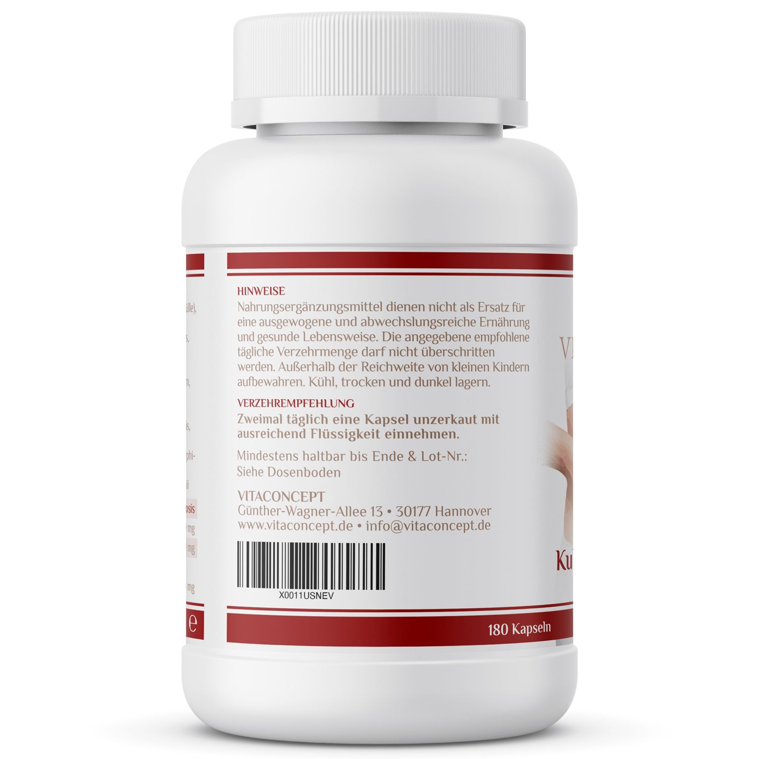 Rückseite einer weißen Flasche mit roter Umrandung. Text: Hinweise, Verzehrempfehlung, VITACONCEPT, 180 Kapseln. Vegan.