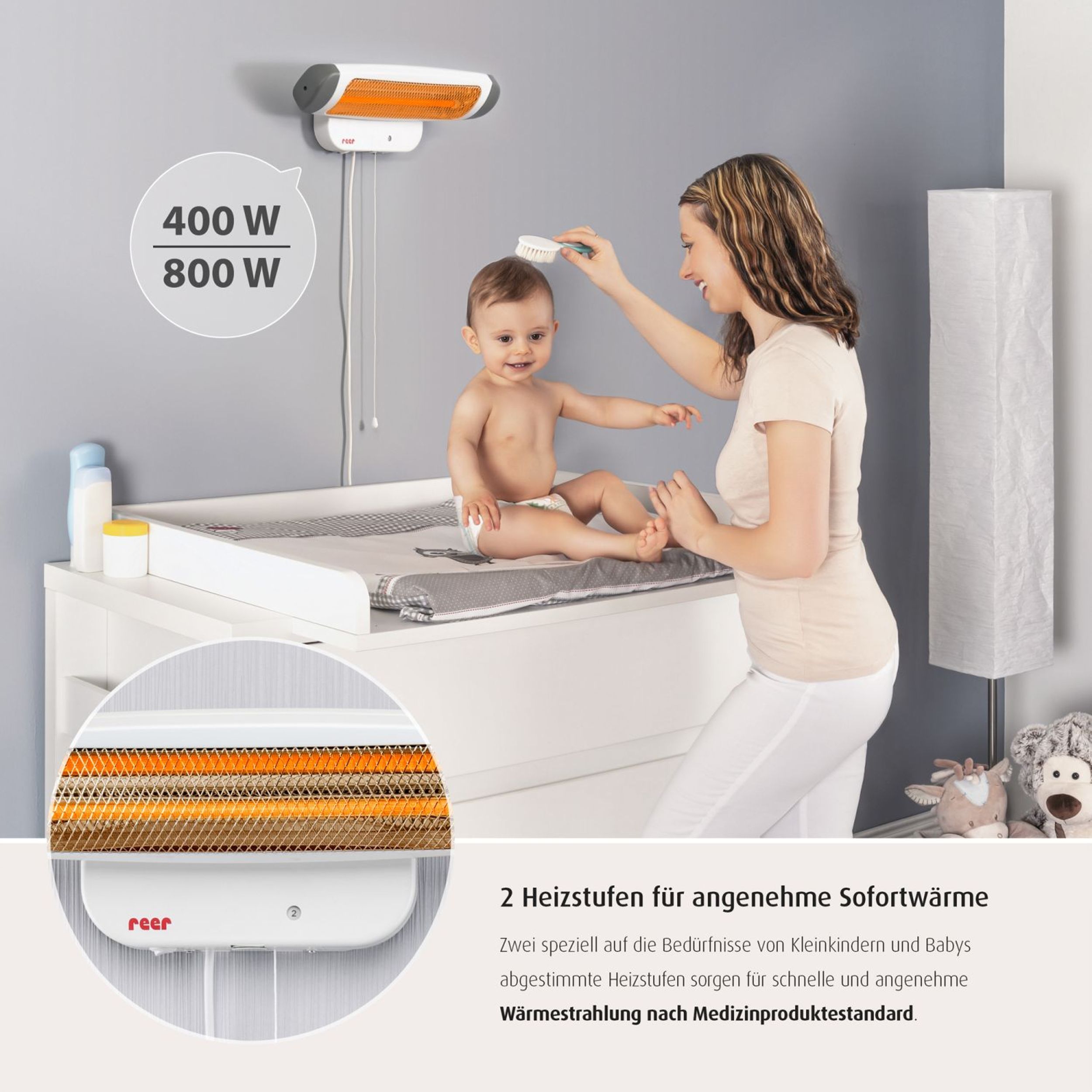 Reer Heizstrahler mit 2 Heizstufen (400 W / 800 W) über Wickeltisch.