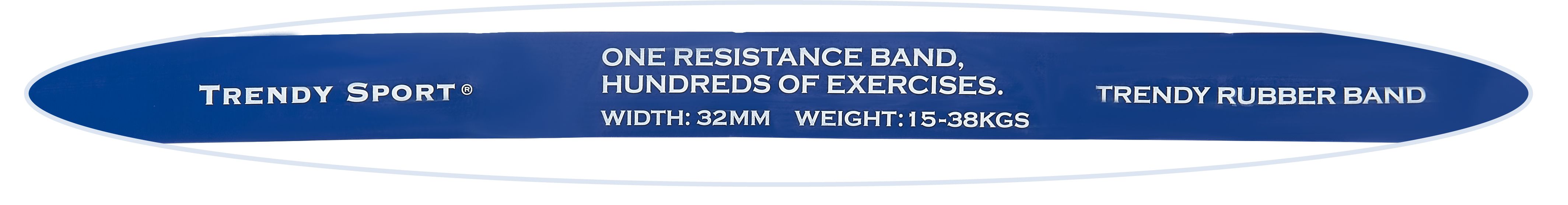 Blaues Etikett mit weißer Schrift. Aufschrift: Trendy Sport, One Resistance Band, Breite 32mm, Trendy Rubber Band.