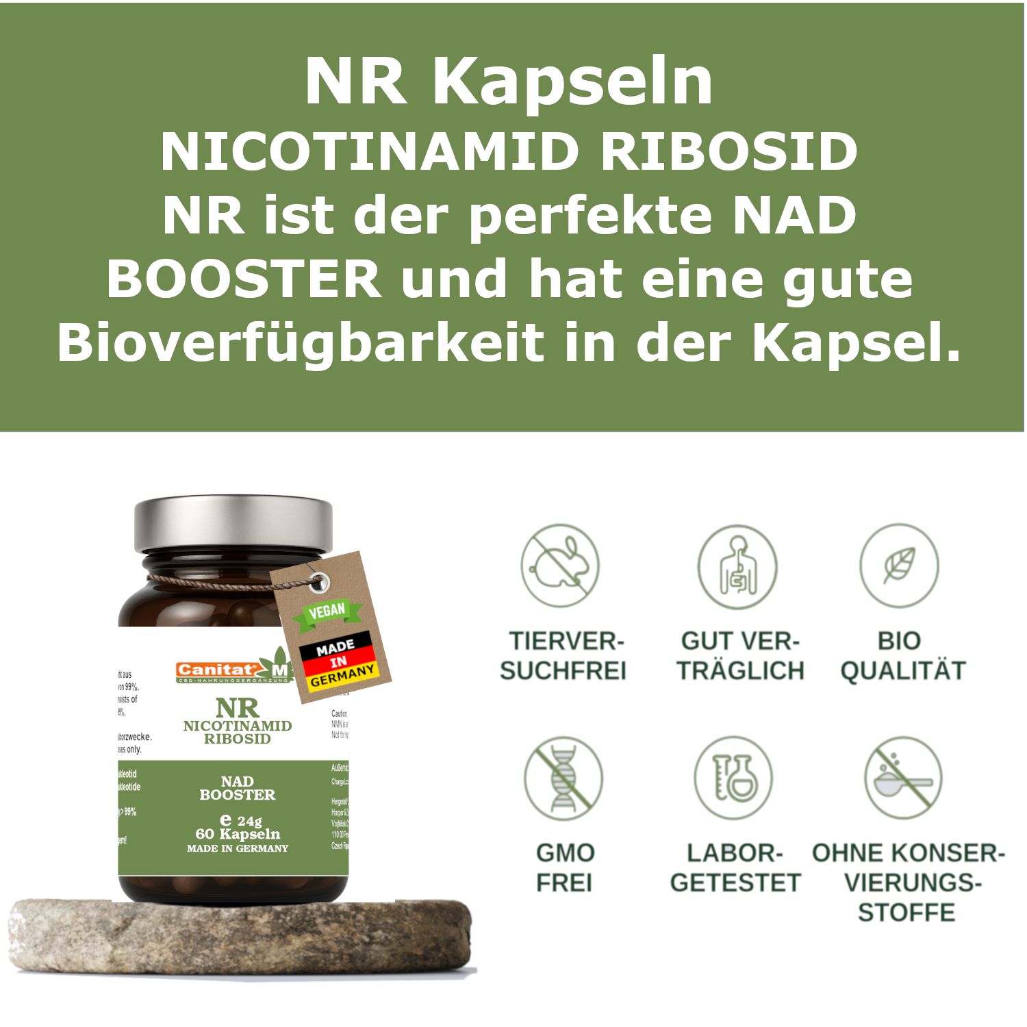 Braune Glasflasche mit Kapseln. Etikett mit Produktinformationen und Siegeln. Vegan, Made in Germany. Text: NR Kapseln, NAD BOOSTER.