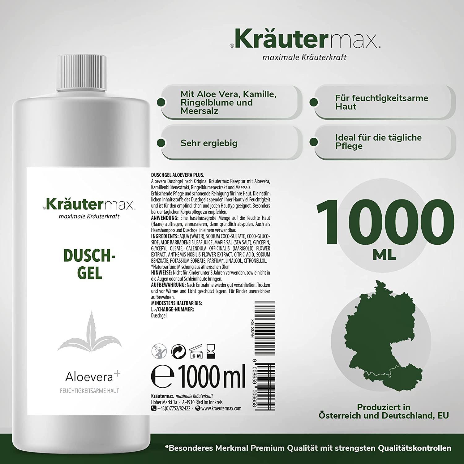 Weißes Duschgel-Behältnis mit Kräutermax-Logo. Text: Duschgel Aloevera+. Zusätzliche Informationen: 1000 ml, hergestellt in Österreich und Deutschland.