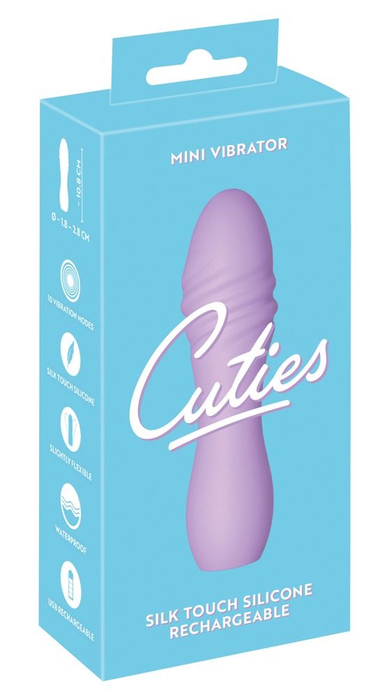 Verpackung mit lila Vibrator. Aufschrift: Cuties, Mini Vibrator, Silk Touch Silicone, Rechargeable.