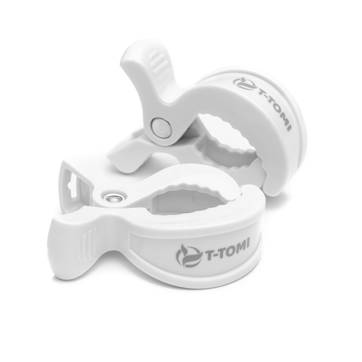 Zwei weiße T-Tomi Clips mit Logo, ideal zur Befestigung von Decken.