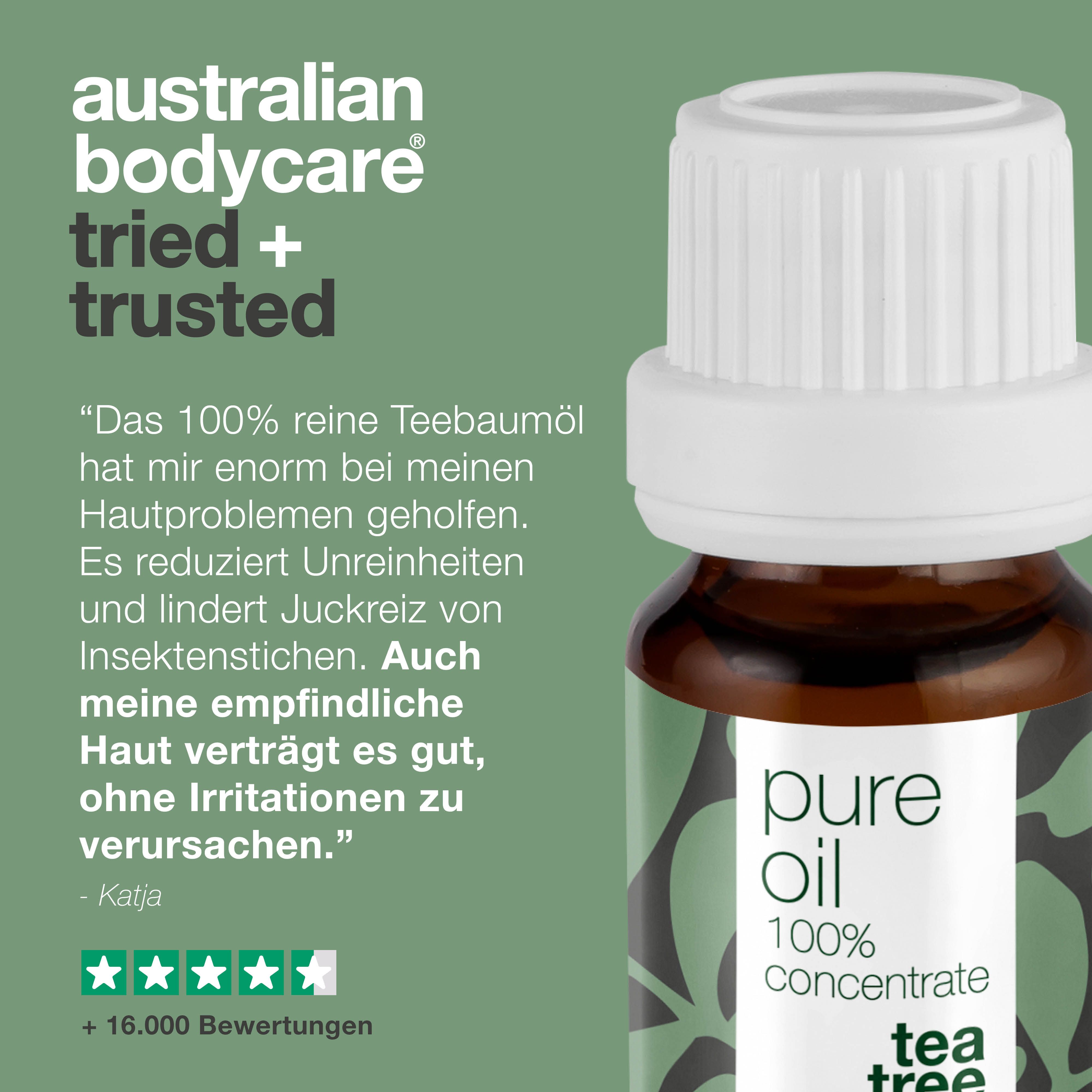 Text: australian bodycare skincare since 1990. Mehrere Personen mit Produkten. Text: +100.000 happy customers.