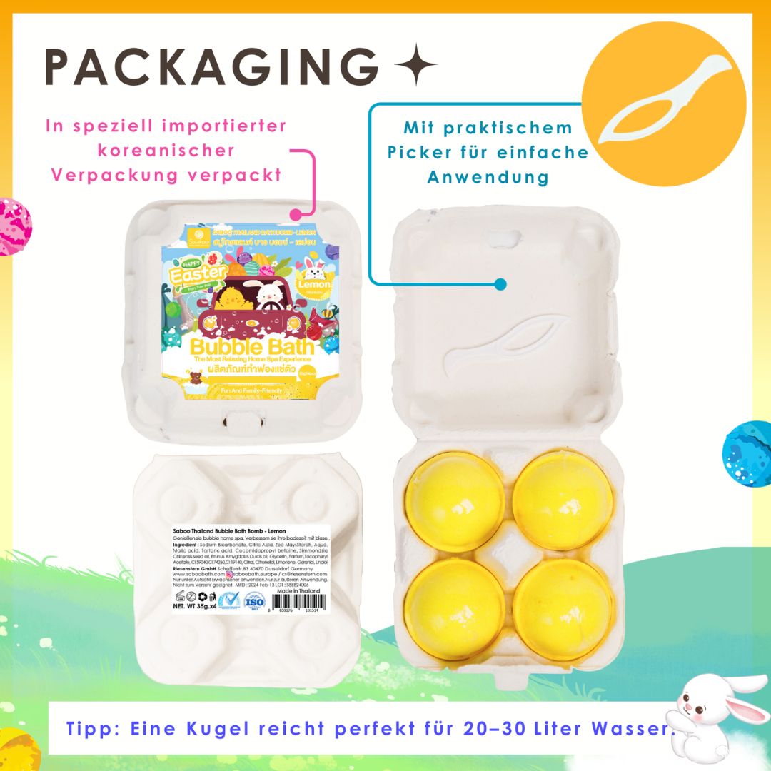 Verpackung mit Badebomben. Vier gelbe Badebomben in einer Verpackung. Text: Verpackung.
