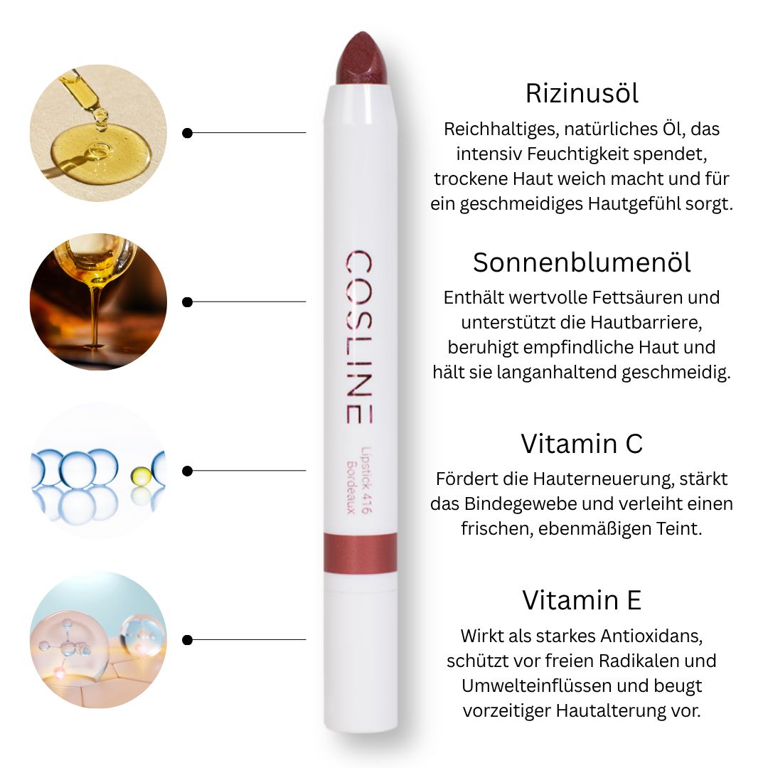 Weißer Lippenstiftstift mit rotem Ende. Text: Cosline. Abbildungen von Rizinusöl, Sonnenblumenöl, Vitamin C und E.