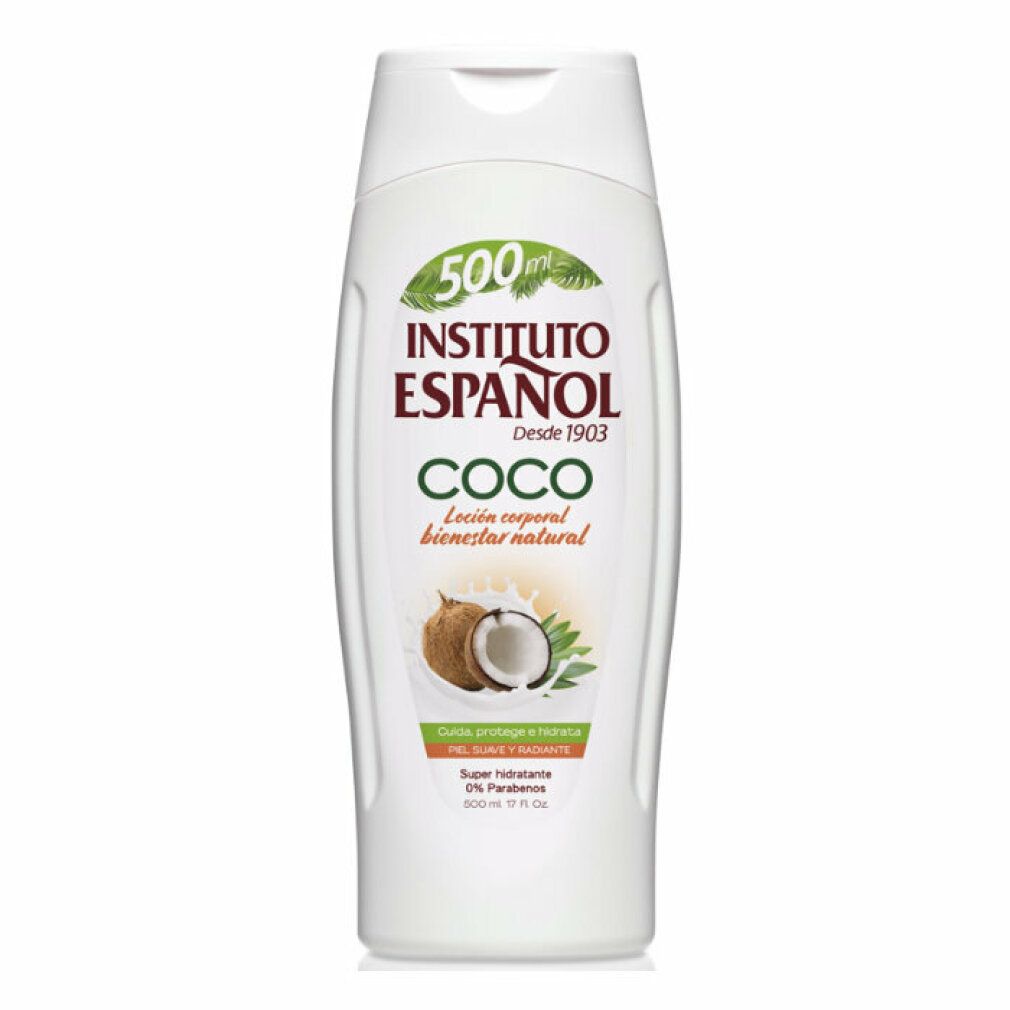 Weiße Flasche Instituto Español Coco. Kokosnuss-Illustration. Text: Loción corporal bienestar natural. 500 ml.