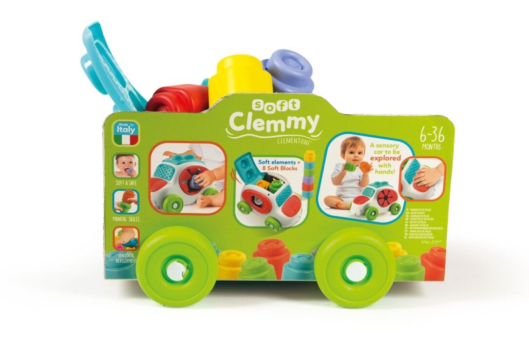 Spielzeugauto in Verpackung. Bunte Elemente, weiche Blöcke. Produktname und Logo.
