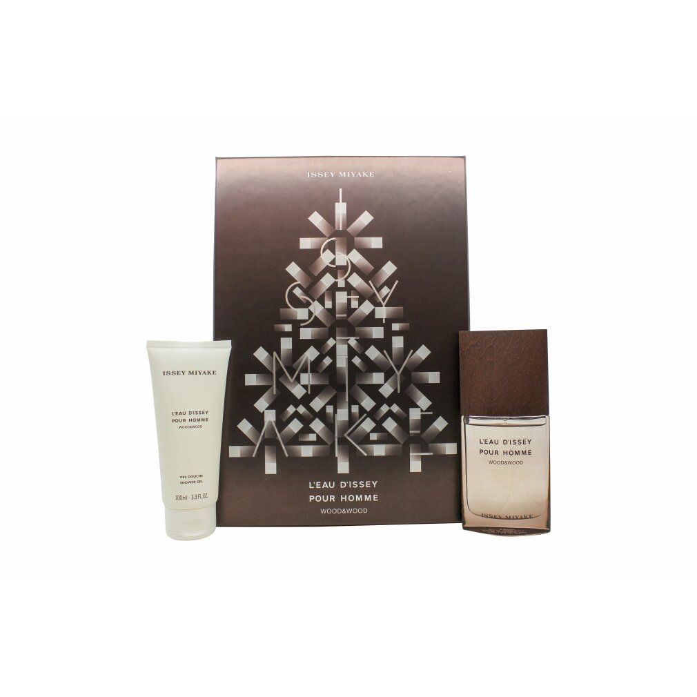 Geschenkset mit Parfüm, Duschgel und Verpackung. Aufschrift: Issey Miyake L'Eau d'Issey Pour Homme Wood&Wood.