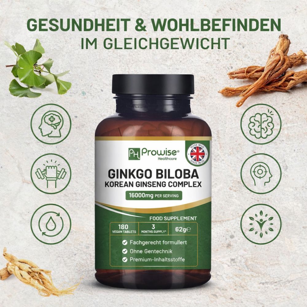 Eine Flasche Prowise Healthcare Ginkgo Biloba und koreanischer Ginseng. Braune Flasche mit schwarzem Deckel. Grün-weißes Etikett.